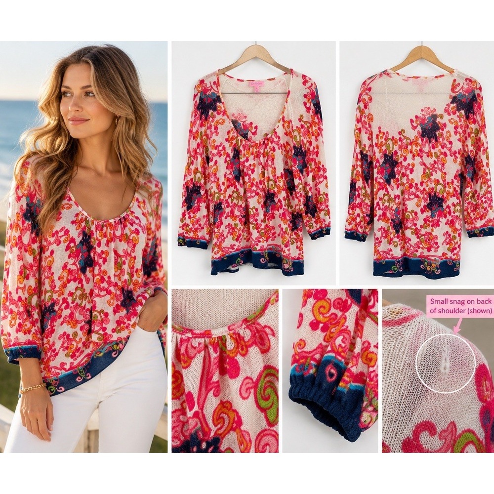 Lilly Pulitzer Top L Pink Floral Cotton Knit Tunic Pullover Resort Beach Coastal